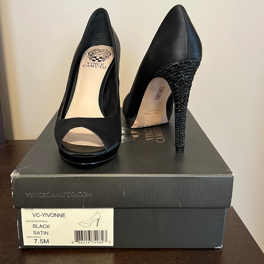 Black satin peep toe heels